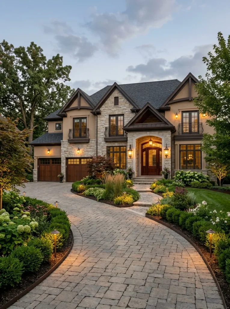 Cohesive exterior design from driveway to front door.