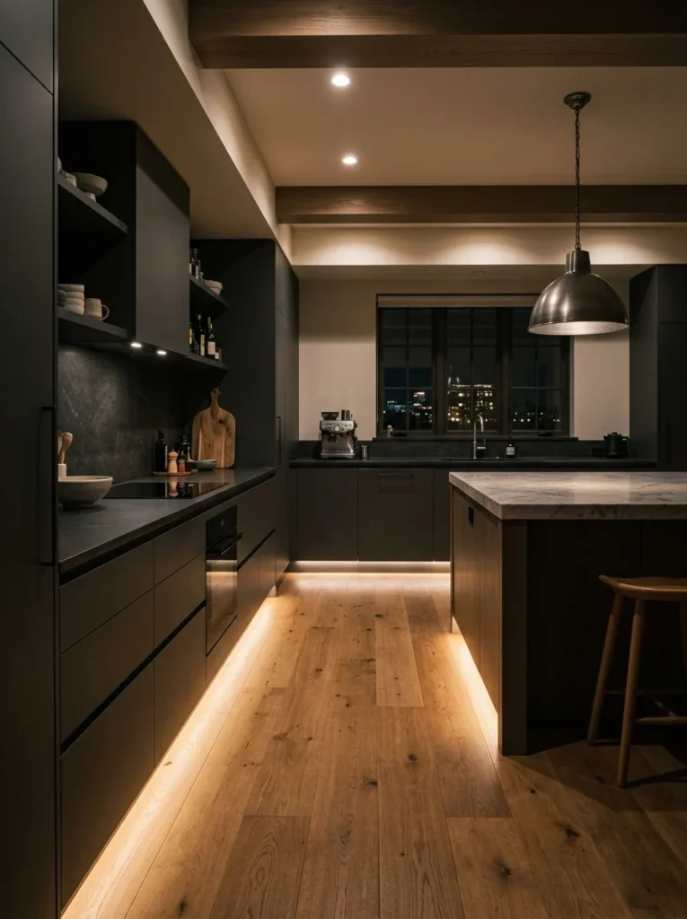 LED toe-kick lighting beneath modern kitchen cabinets.