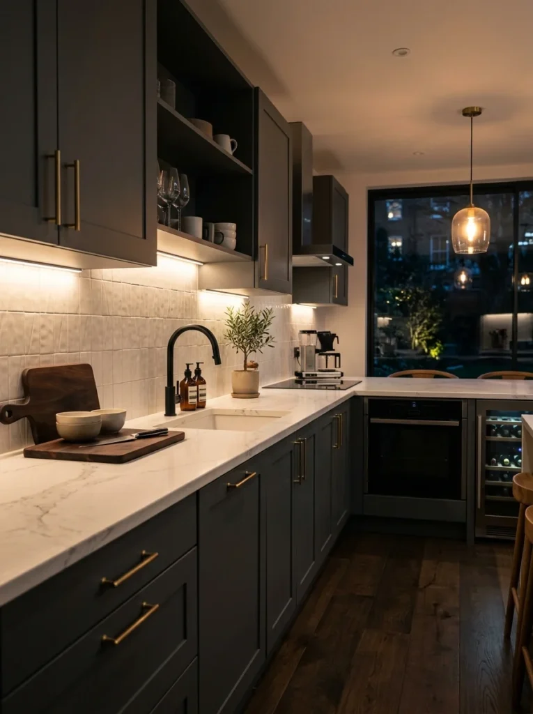 Handleless modern kitchen cabinets with seamless design.
