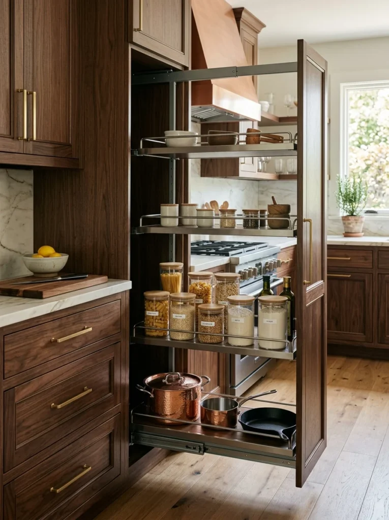 Blind corner pull-out system maximizing hidden storage.