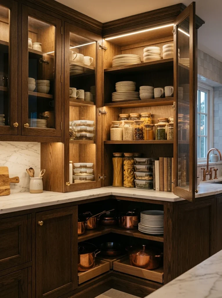 Warm LED lighting illuminating a kitchen corner cabinet.