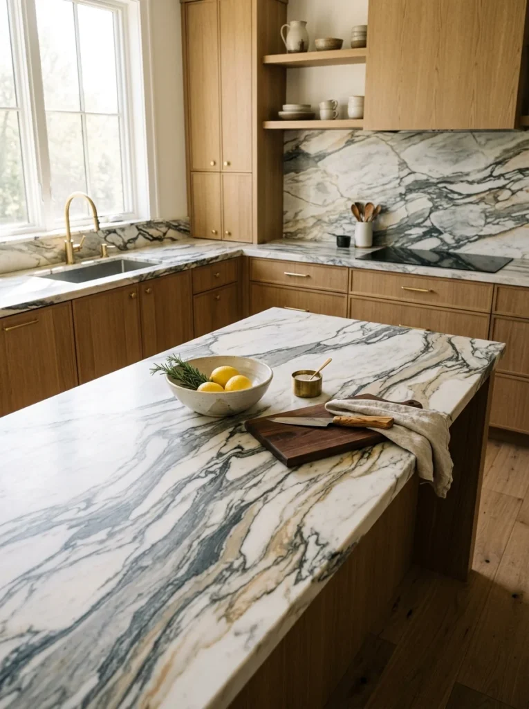 Natural stone kitchen countertops featuring dramatic gray and gold veining.