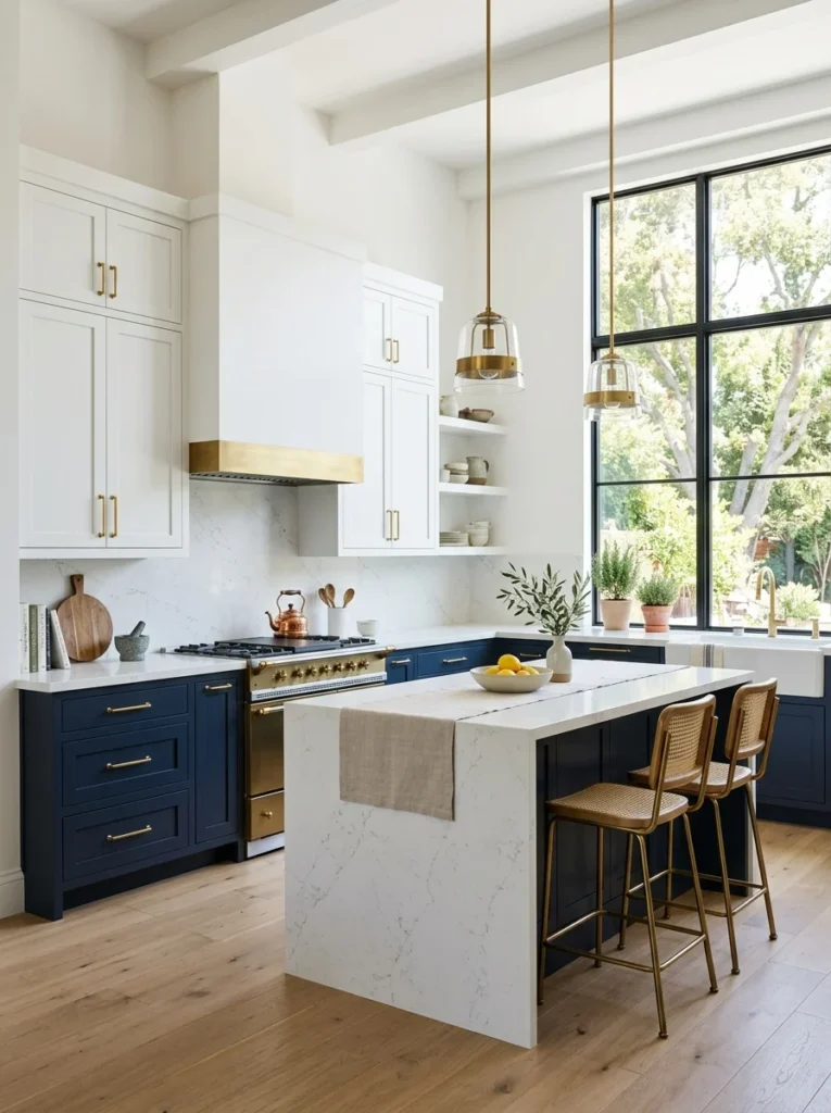 Open kitchen shelving styled with everyday dishes.