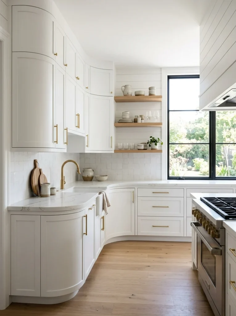 Curved corner cabinet creating a seamless kitchen design.