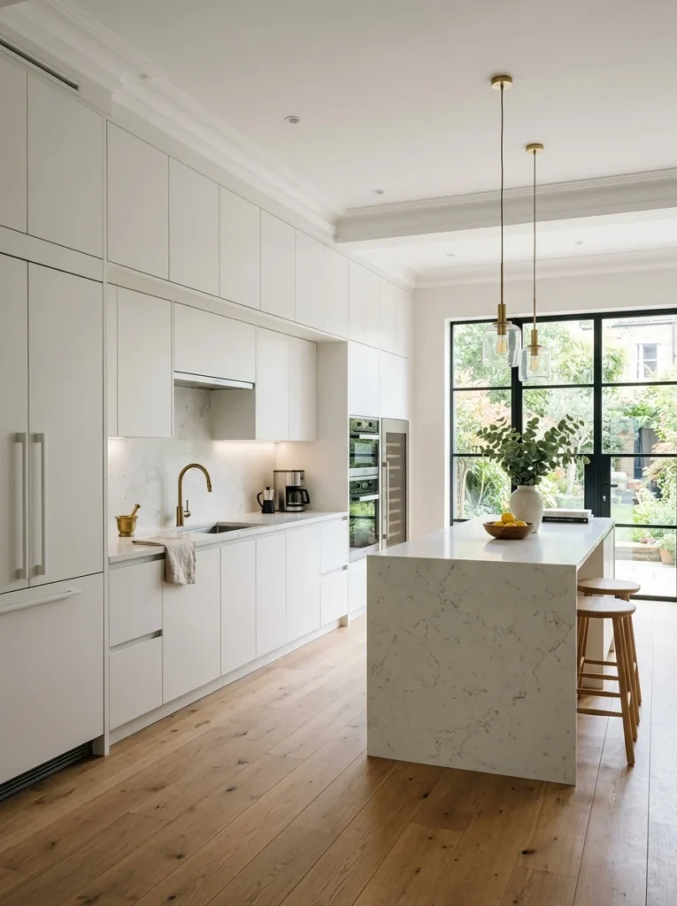 lass-front kitchen cabinets displaying curated dishware.