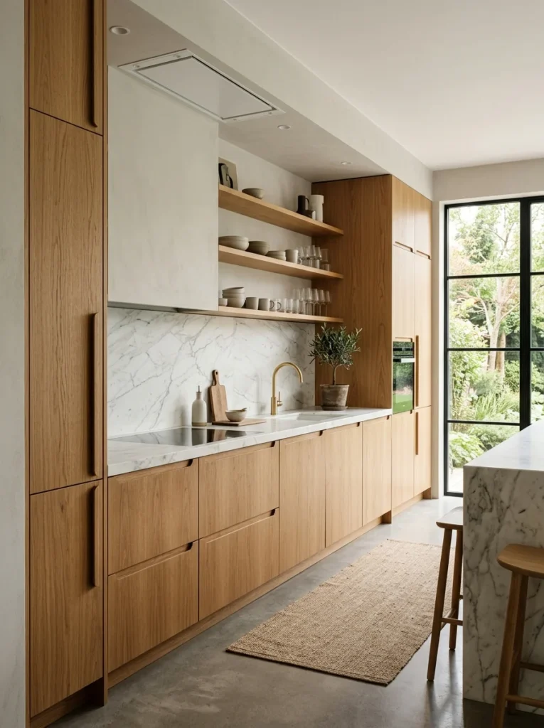 Integrated edge pulls creating seamless kitchen cabinets.