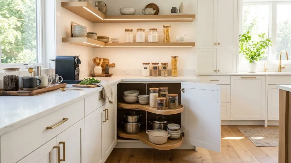 Modern kitchen corner cabinet with Lazy Susan, LED lighting, quartz countertops, and organized storage.