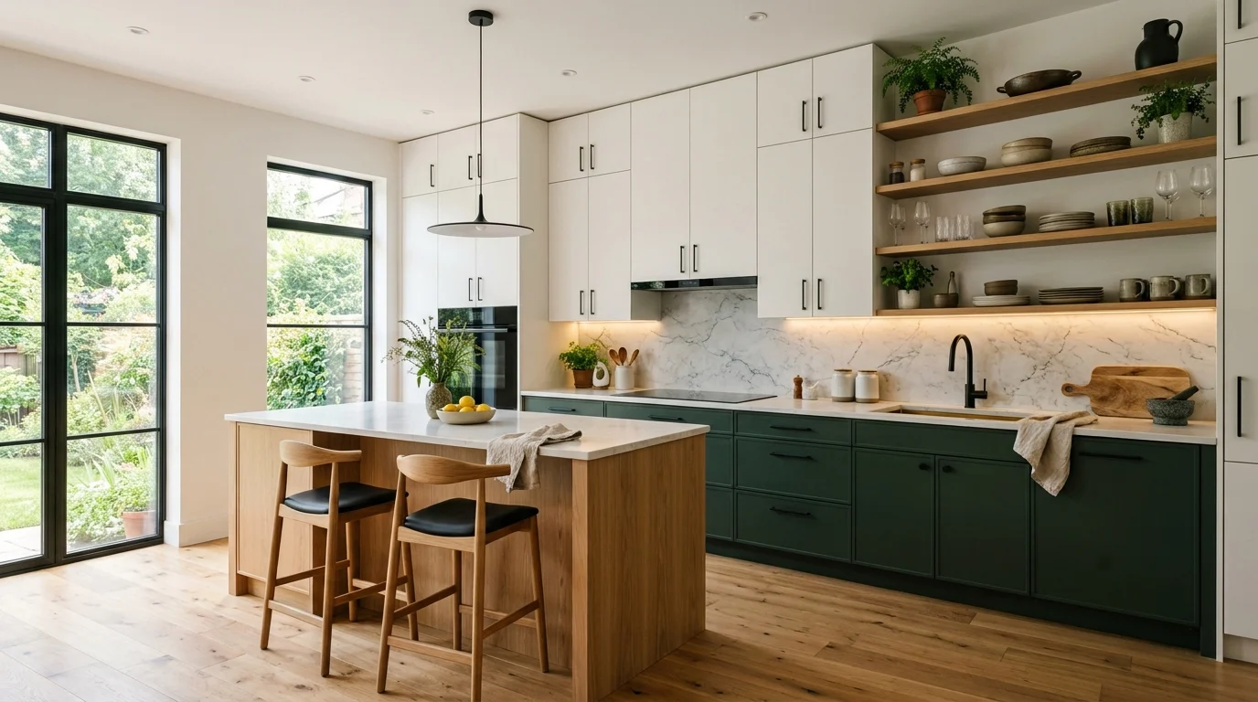 Modern kitchen with two-tone cabinets, open shelving, matte finishes, and under-cabinet lighting.