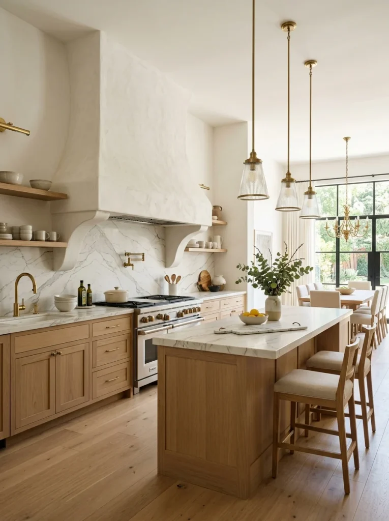 Statement range hood creating a focal point in an open kitchen.