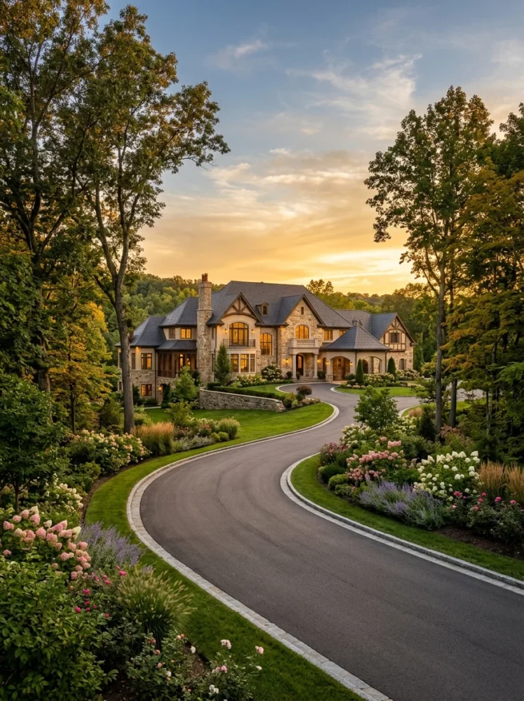 Curved driveway creating an elegant entrance.