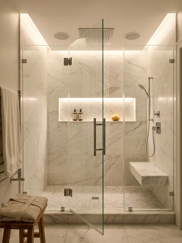 Luxury shower with hidden waterproof Bluetooth speakers.