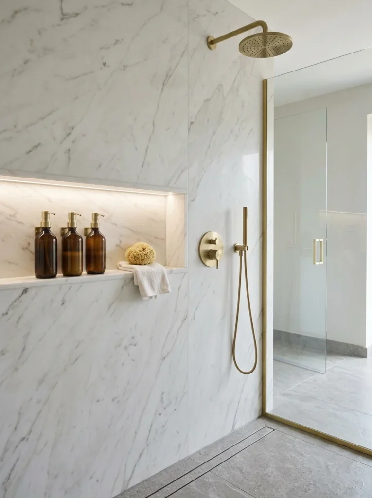 Built-in shampoo dispenser creating a clutter-free shower.