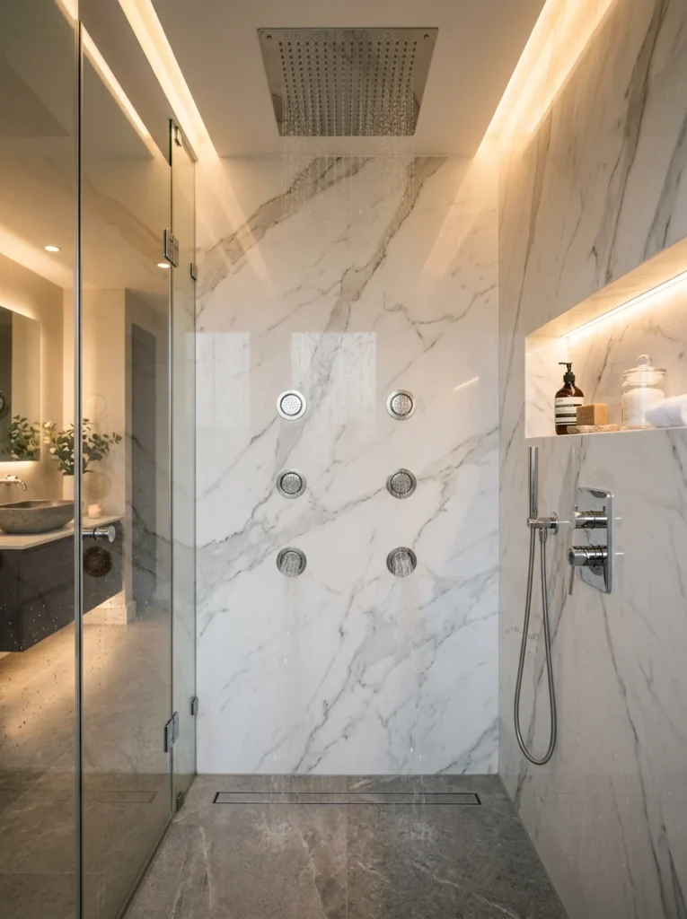 Luxury shower with integrated body spray jets.