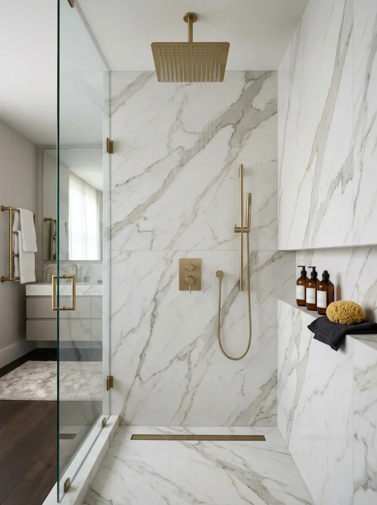 Shower with large-format marble-look wall tiles.