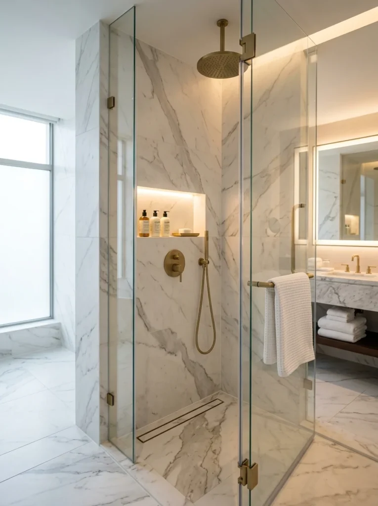 Luxury shower featuring large-format white marble-effect porcelain tiles.