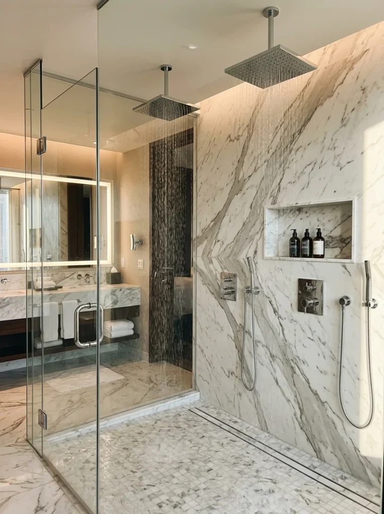 Double rainfall shower heads in a spacious luxury shower.