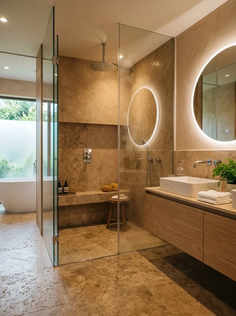 Heated natural stone floor inside a luxury shower.