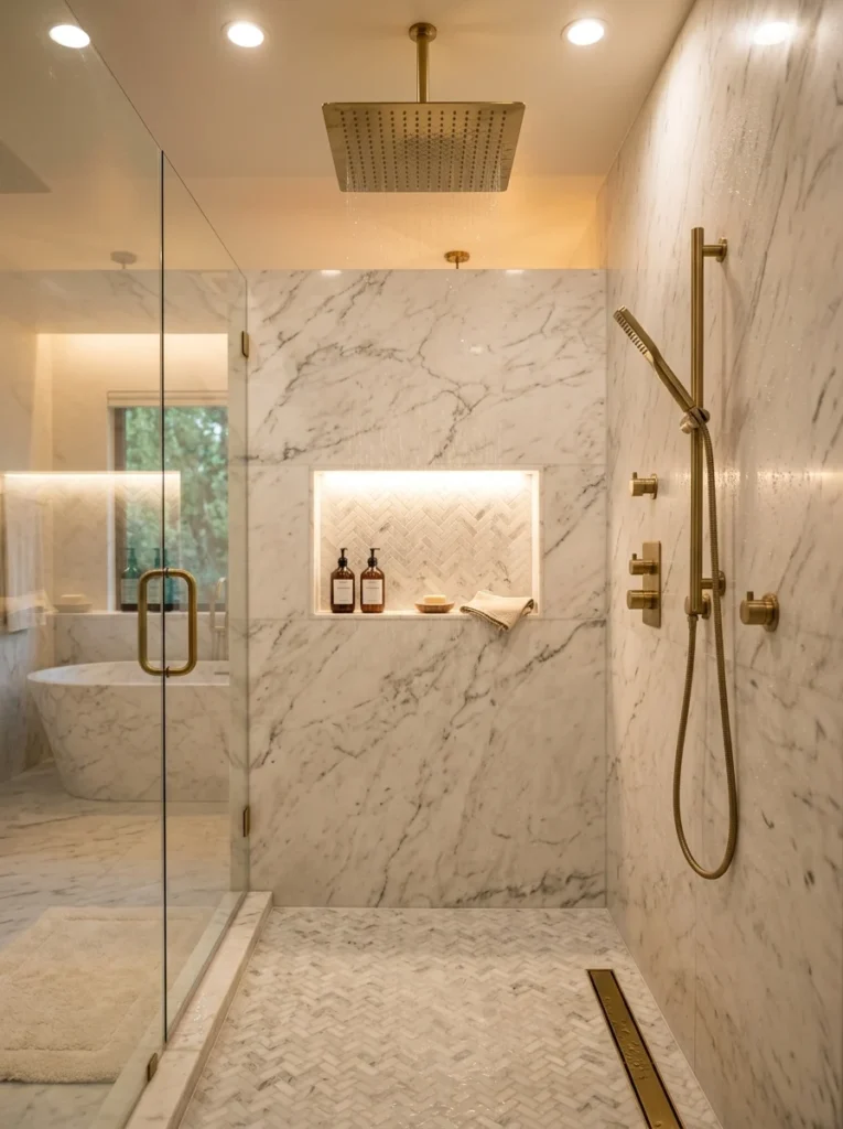 Built-in shower niche replacing hanging shower caddies.