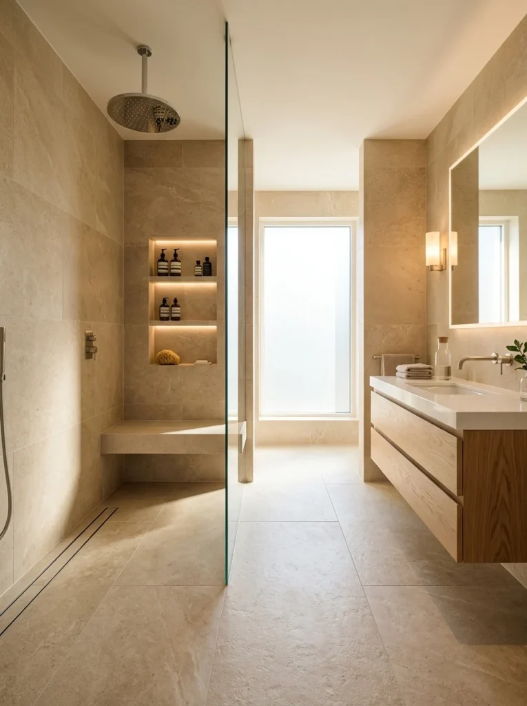 Luxury wet room with continuous floor tiles and an open walk-in shower.