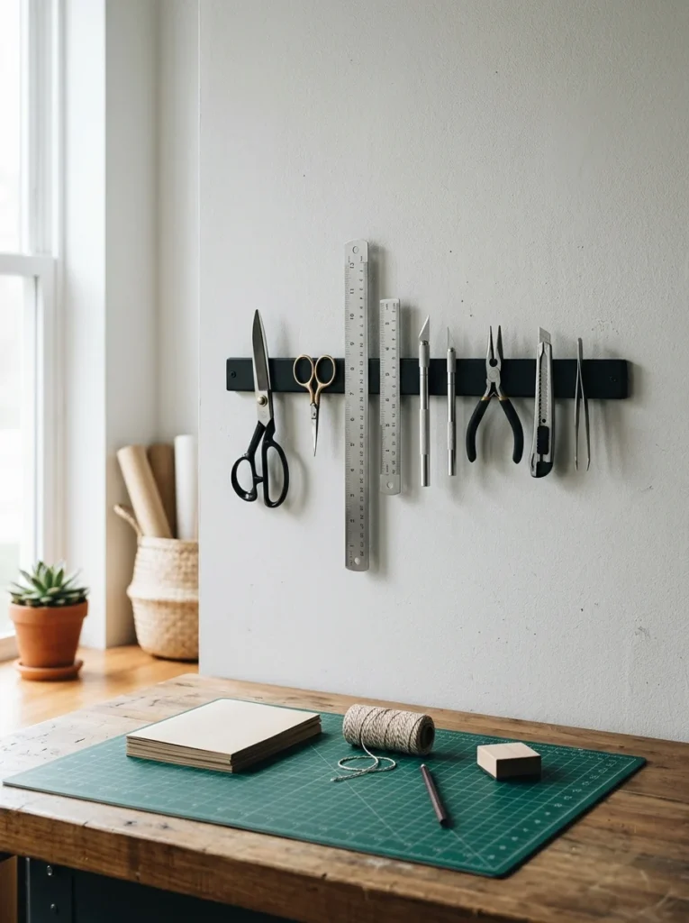 Magnetic strip organizing metal crafting tools.