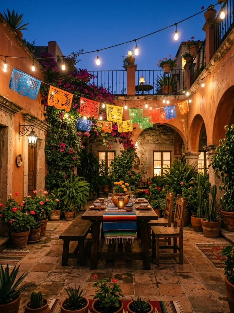 Mexican courtyard decorated with warm string lights and papel picado.