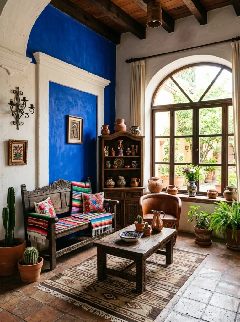 Cobalt blue wall in a vibrant Mexican-inspired living room.