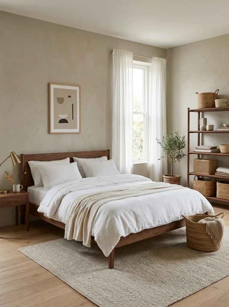 Warm greige bedroom with layered neutral textures.