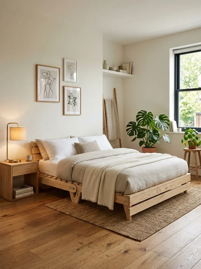 Wooden-frame futon bed in a modern minimalist apartment.