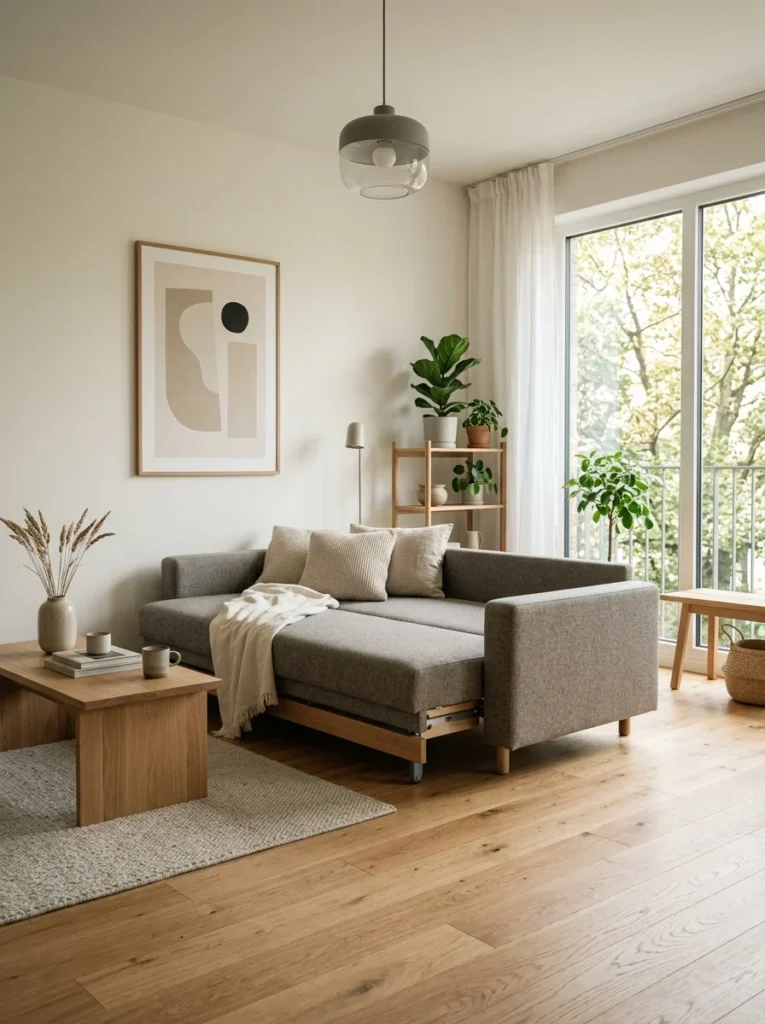 Easy one-motion convertible sofa bed for small apartments.