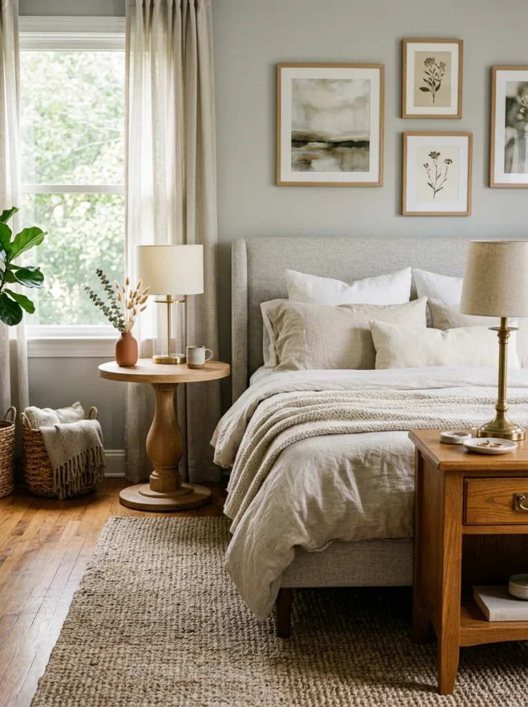 Bedroom with a round pedestal table and rectangular nightstand for visual variety.