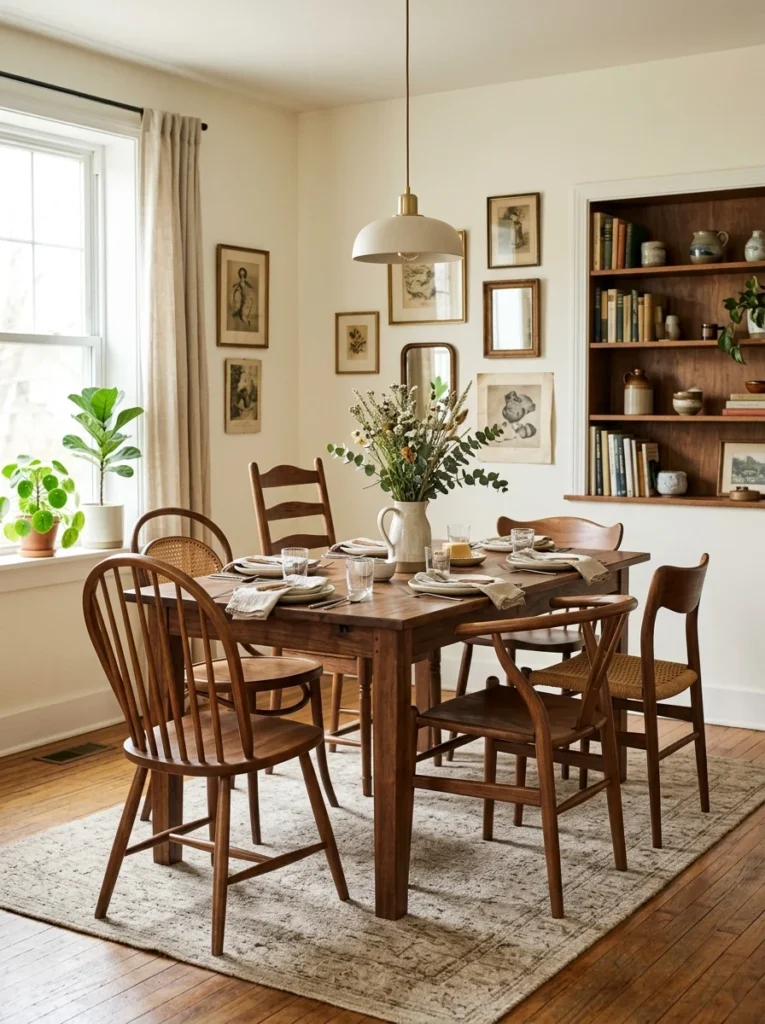 Mismatched dining chairs unified by a consistent warm wood tone.