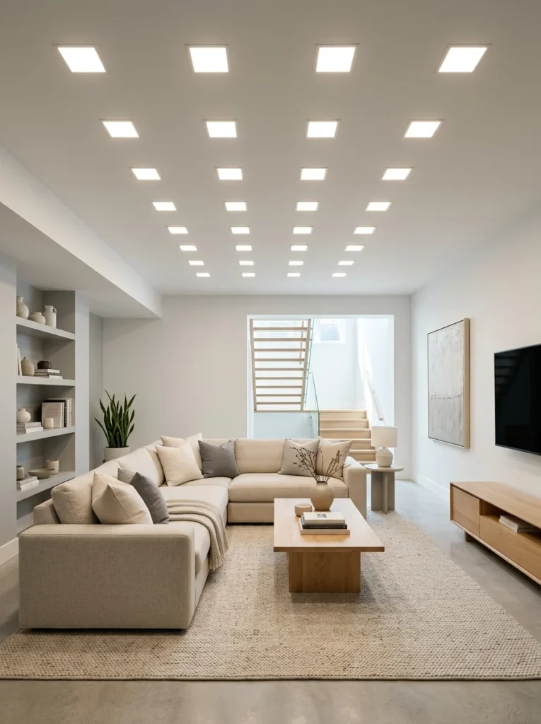 Recessed lighting grid illuminating a finished basement.