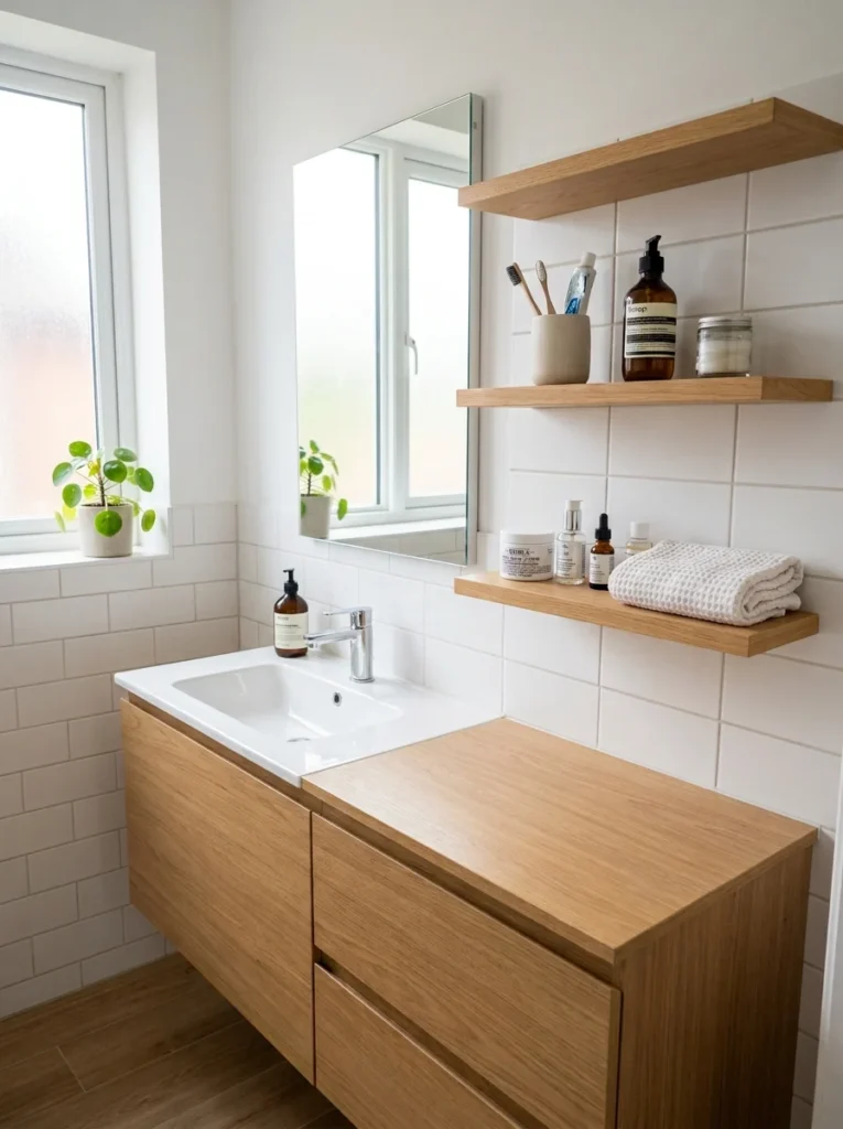 Open bathroom shelves keeping everyday toiletries visible and easy to reach.