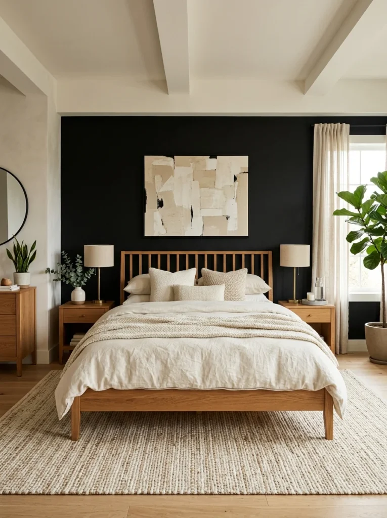 Warm oak furniture softening a black bedroom wall.
