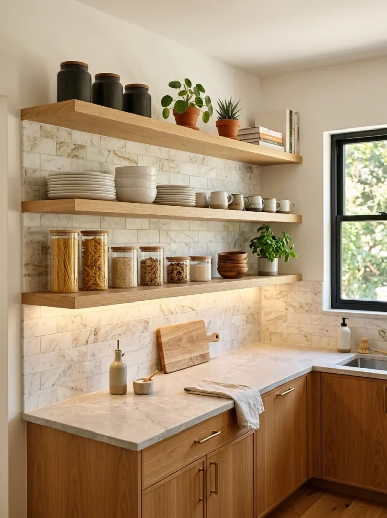 Warm under-cabinet LED lighting in a modern kitchen