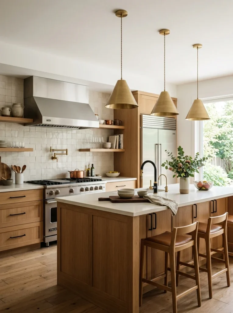 Brass kitchen island pendant lights paired with stainless steel appliances.