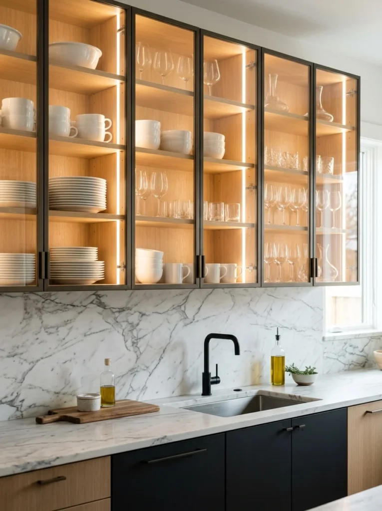 Glass-front kitchen cabinets displaying curated dishware.