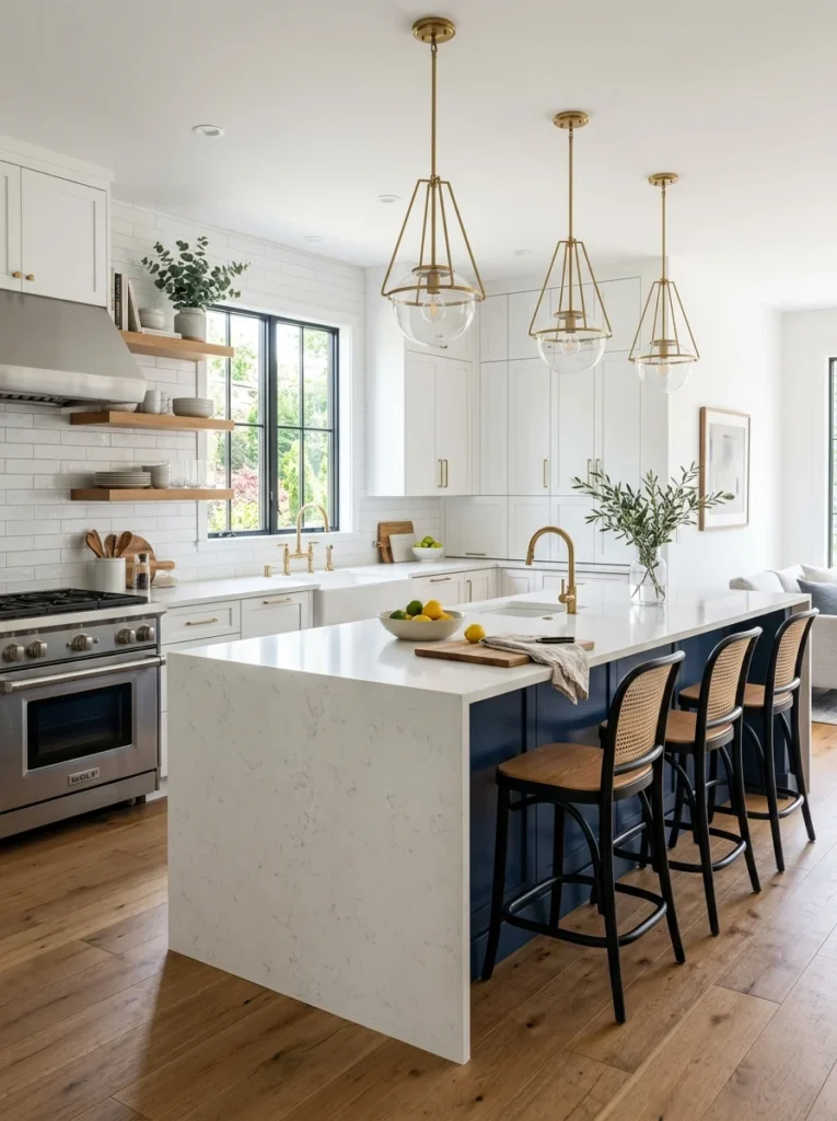 Contrasting blue kitchen island with white cabinets.