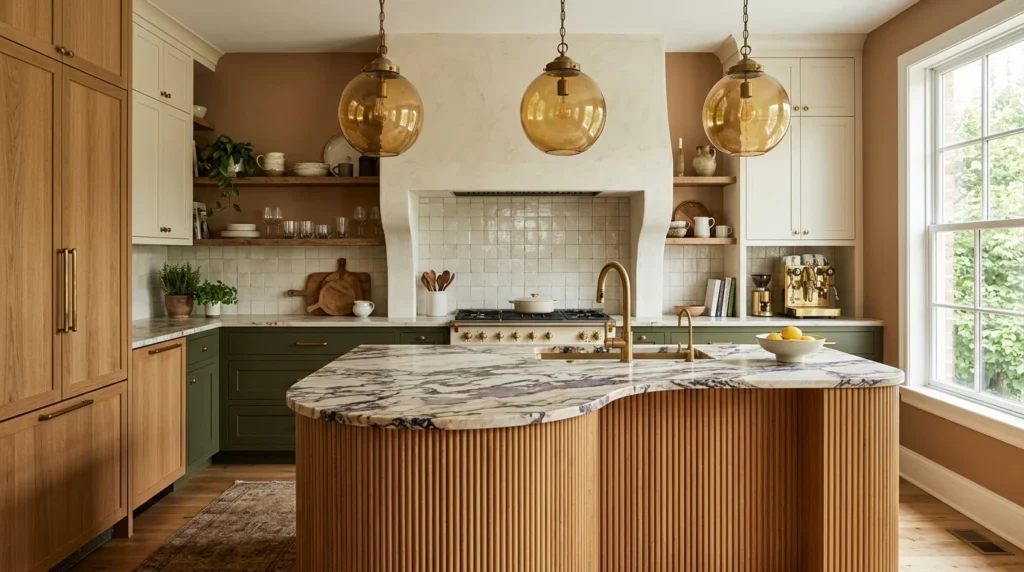 Modern kitchen featuring reclaimed wood shelving and salvaged vintage design details.