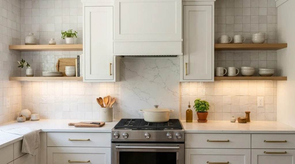 Modern kitchen with realistic peel and stick backsplash, white cabinets, quartz counters, and warm wood accents.