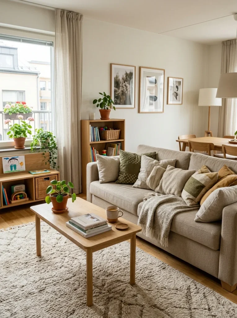 Neutral durable fabric sleeper sofa in a modern apartment.