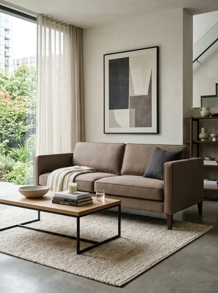 Modern track arm sofa with a tailored and structured silhouette.