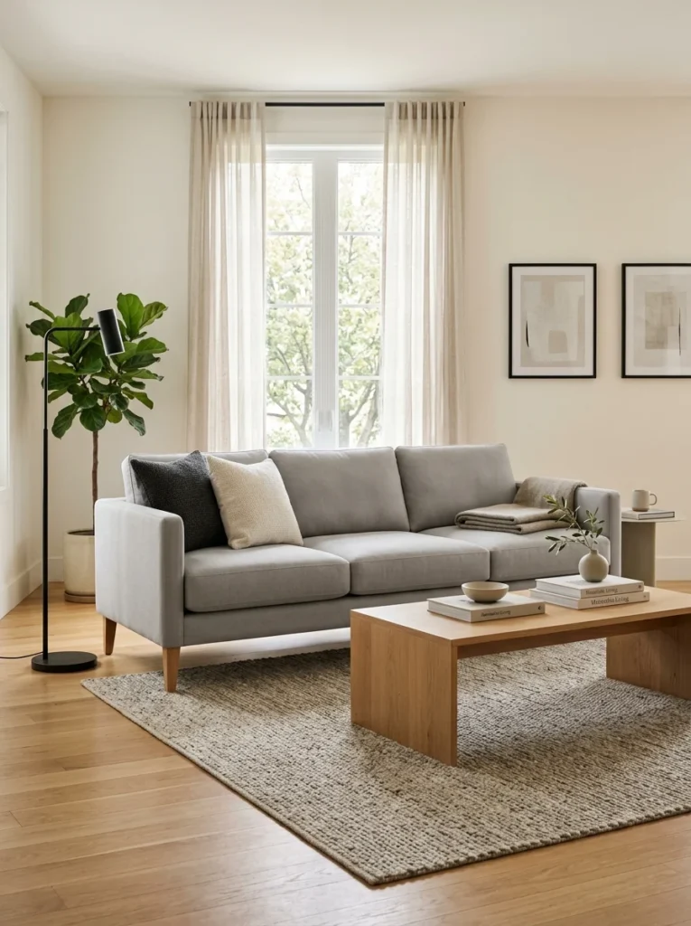 Modern sofa with firm structured cushions that maintain their shape.