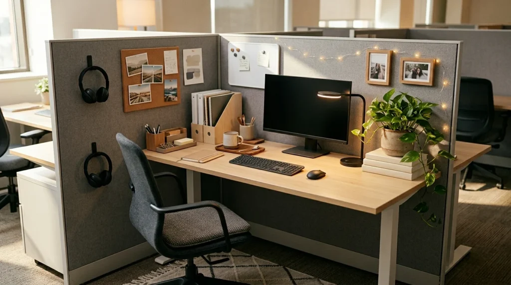 Cozy organized office cubicle with warm desk lamp, green plant, desk organizers, wall decor, rug, and personal accessories.