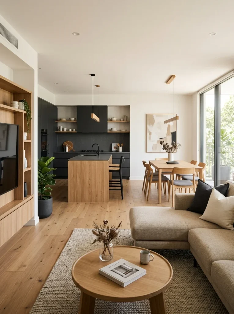 Cohesive color palette connecting an open kitchen, dining room, and living area.