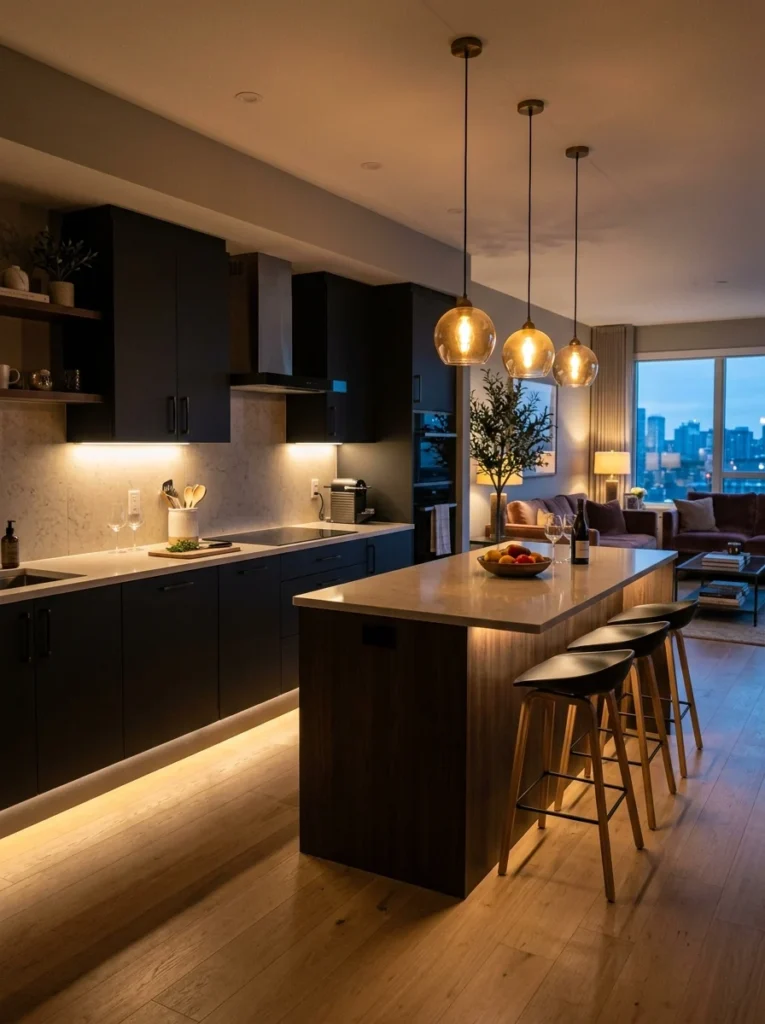 Open kitchen illuminated with warm under-cabinet and plinth lighting.