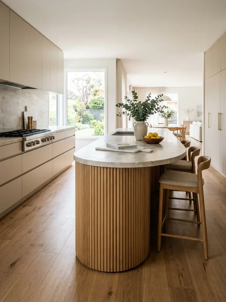 Curved kitchen island with rounded edges creating a softer and more practical layout.