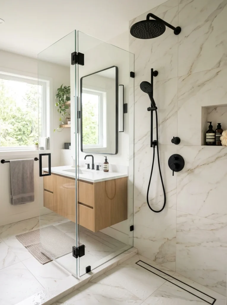 Modern shower with coordinated matte black fixtures and white tiles.