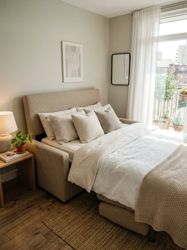 Sleeper sofa featuring a comfortable hybrid memory foam mattress.