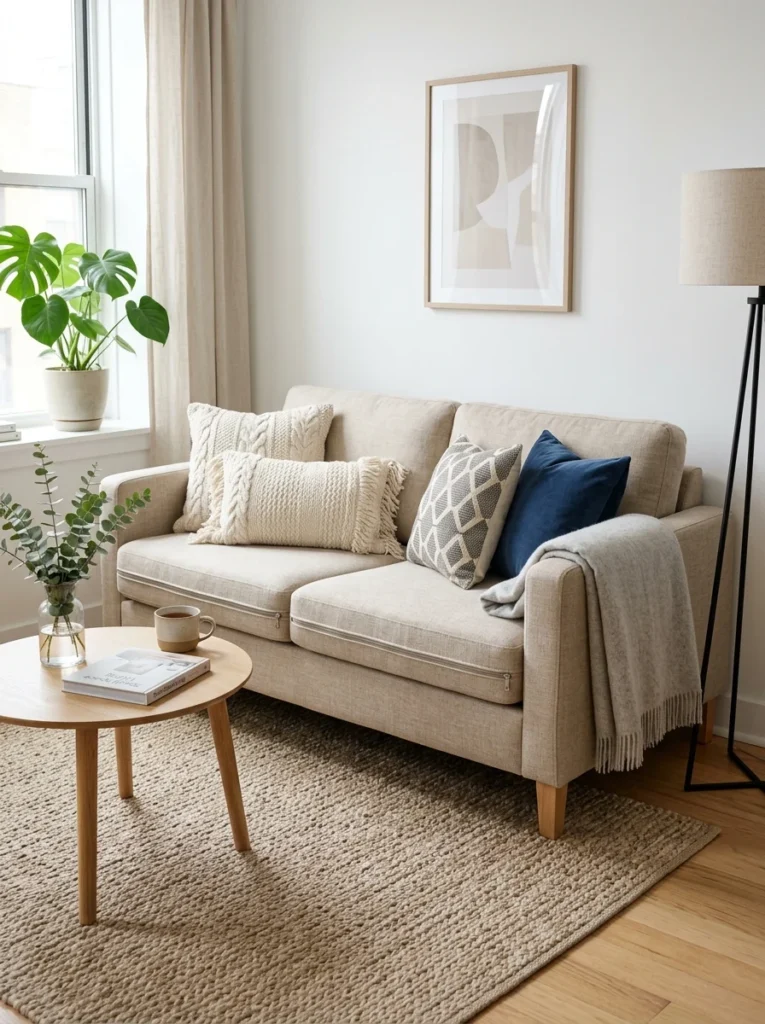Convertible sofa refreshed with a washable linen slipcover.